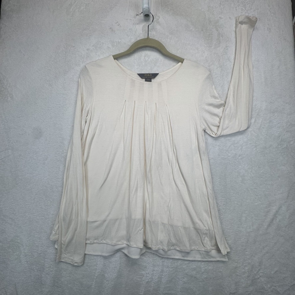 Polo Ralph Lauren Blouse Women's L Cream Pleated Layered Long Sleeve Flowy Top